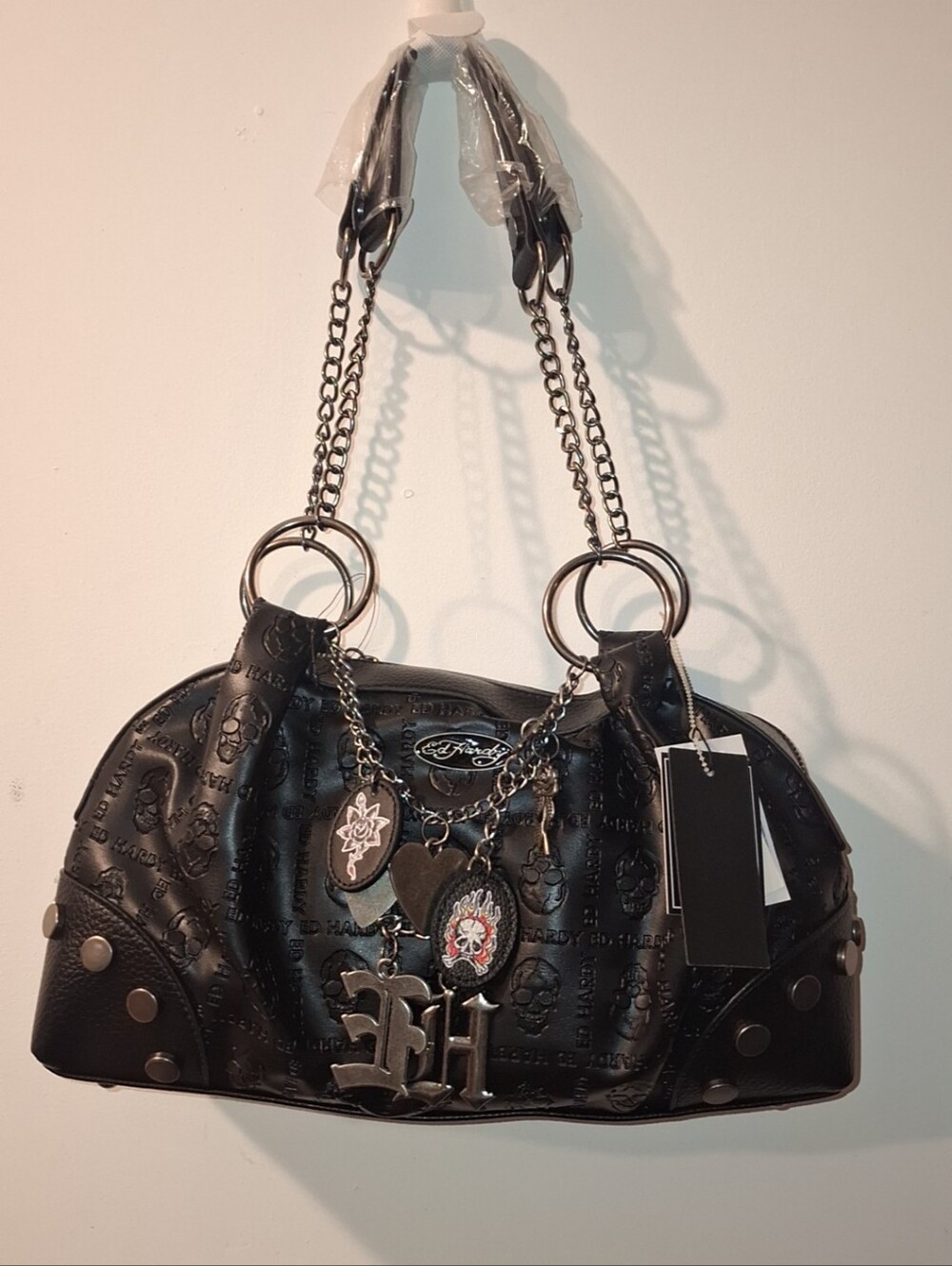 Ed Hardy Black Embossed Charm Satchel Handbag